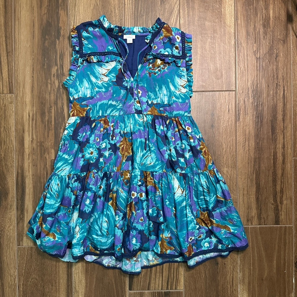Sundance Teal Purple Floral Tiered Ruffle Mini Dress Petite Medium PM Boho